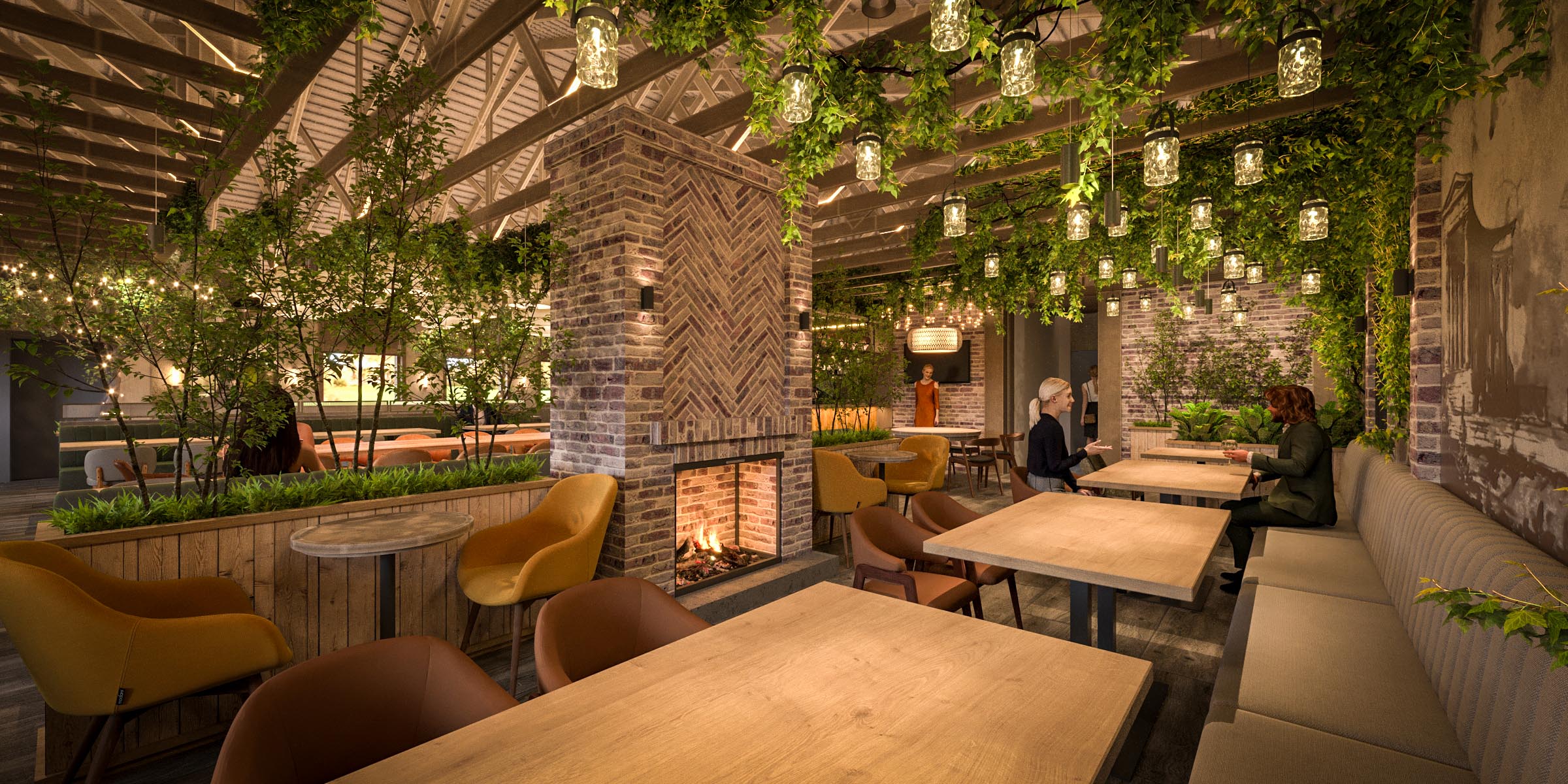 Odesa interior design visualization: an intimate dining corner beside the fireplace