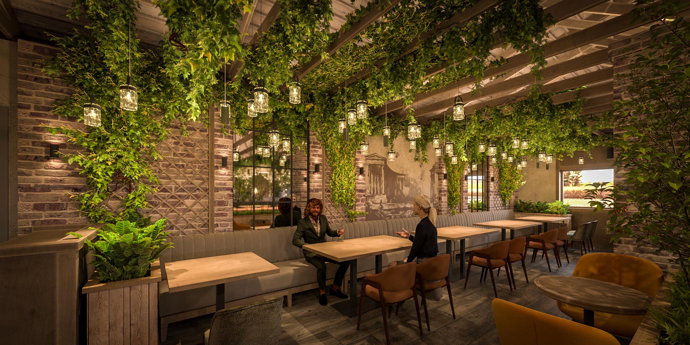Odesa interior design visualization: layered greenery and quieter tables