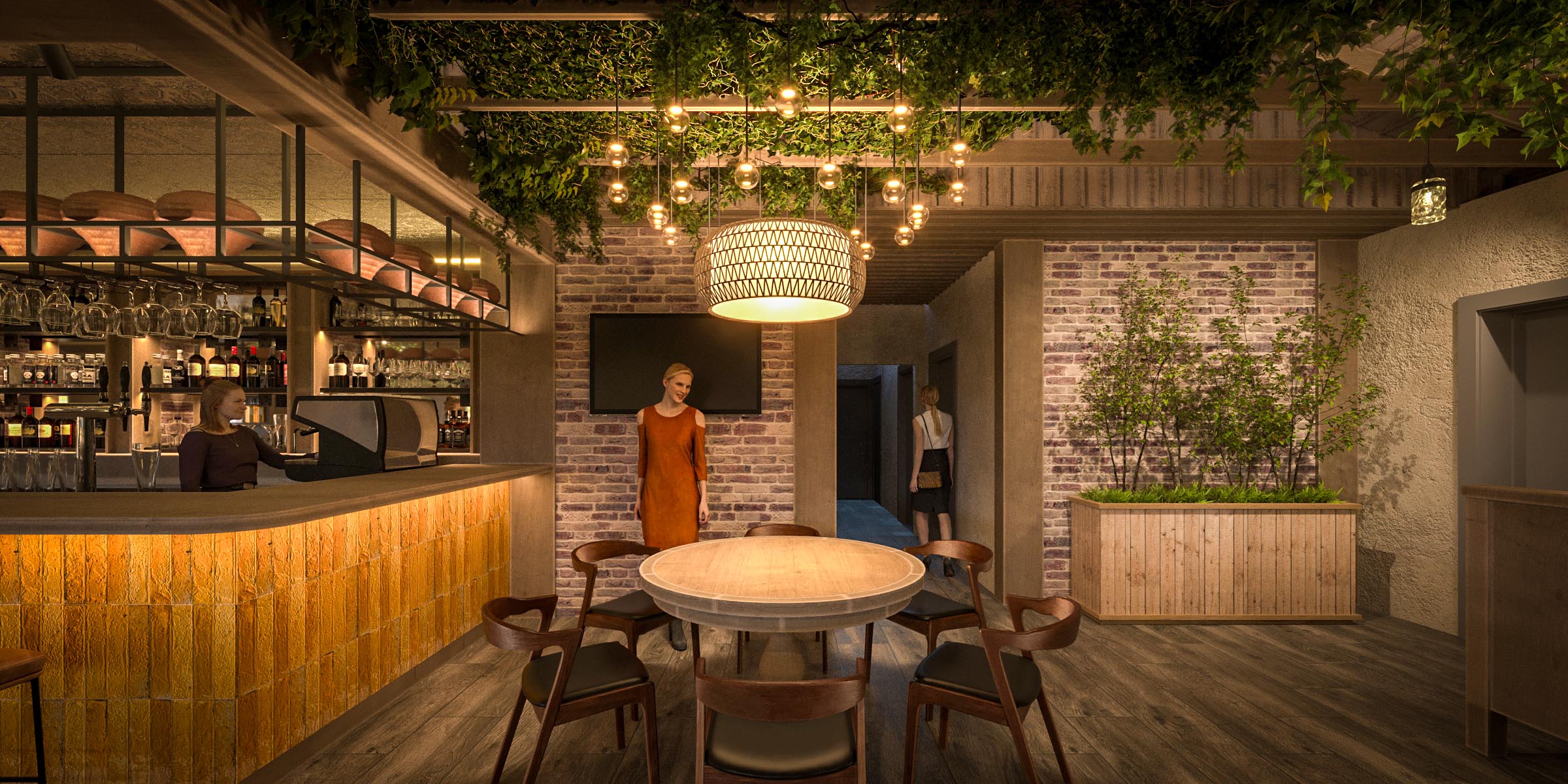Odesa interior design visualization: a round table beside the bar